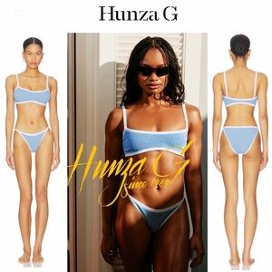 Hunza G Tyler Bikini Cornflower/White Light Blue Ribbed Bikini White Trim NWT